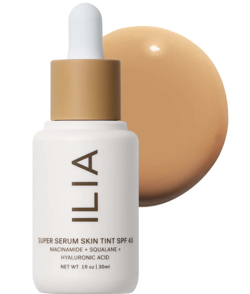 Ilia Super Serum Skin Tint SPF 40 bottle with dropper, shown in light shade.